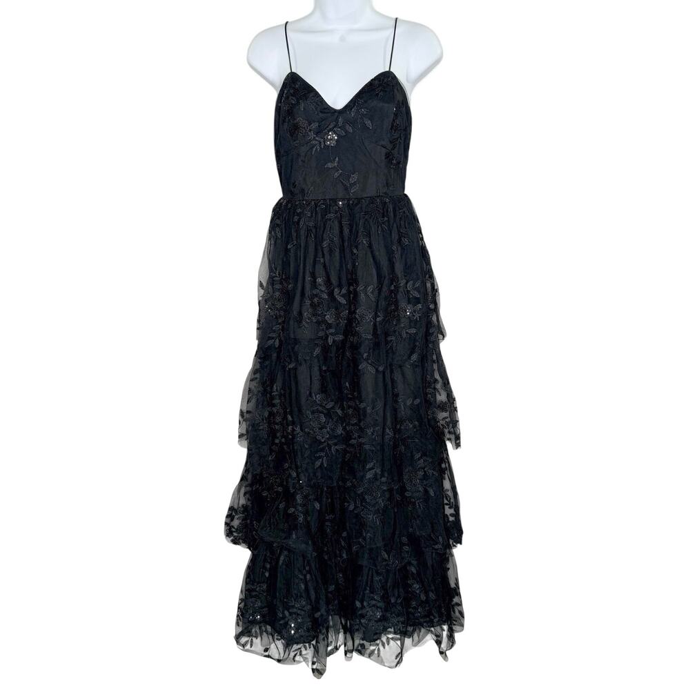Altar'd State Black Lumeny Rue Sequin Lace Layered Maxi Dress M Whimsy Party